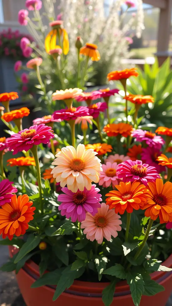 19 Stunning Container Plants for Full Sun Gardens 11 A vibrant arrangement of colorful zinnias in a terracotta pot.