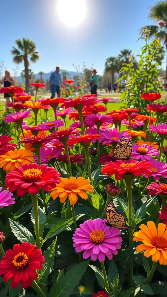 21 Stunning Full Sun Plants for Your Garden 5 Brightly colored zinnias in bloom with butterflies in a sunny garden