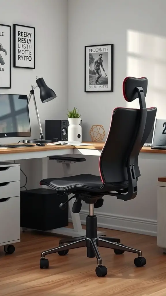 21 Cozy Home Office Ideas for a Productive and Inviting Workspace 4 A modern ergonomic desk chair with black mesh fabric and red accents, set in a stylish home office environment.