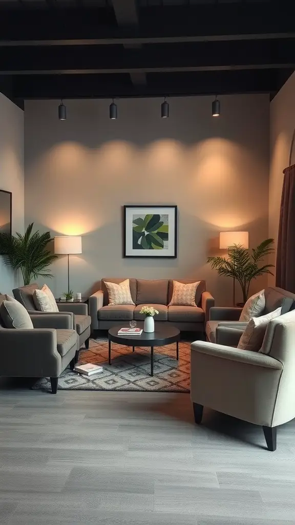 21 Cozy Living Room Ideas to Transform Your Space 2 A cozy living room with a sofa and armchairs arranged around a coffee table, featuring warm lighting and decorative plants.