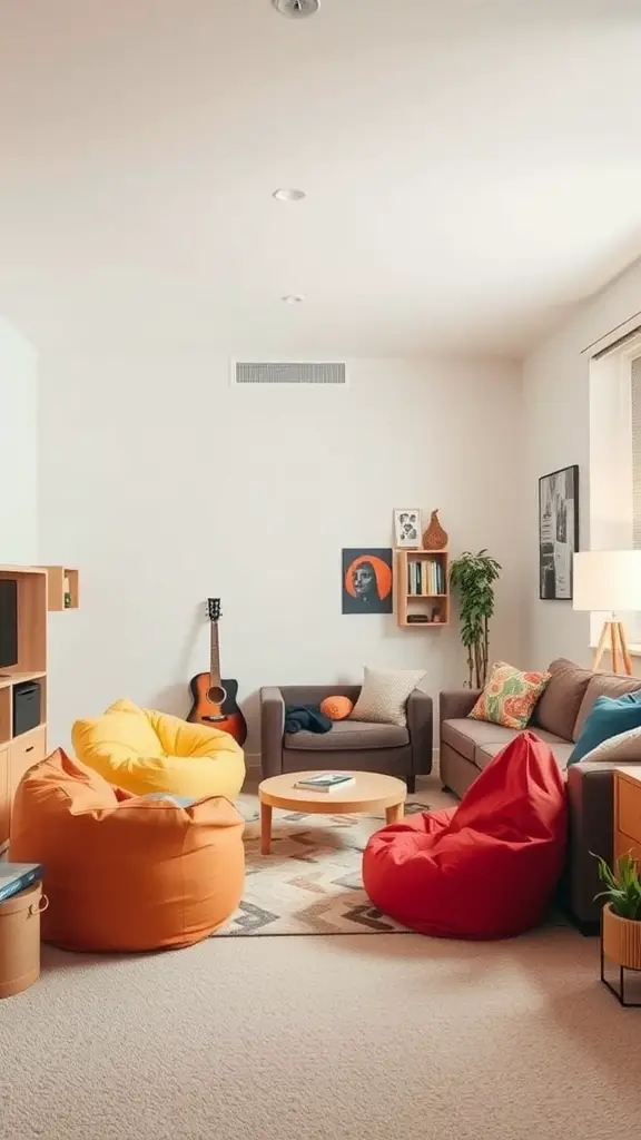 21 Creative Dorm Living Room Ideas to Maximize Space 16 A cozy living room with colorful bean bags and a couch, perfect for friends to relax and hang out.