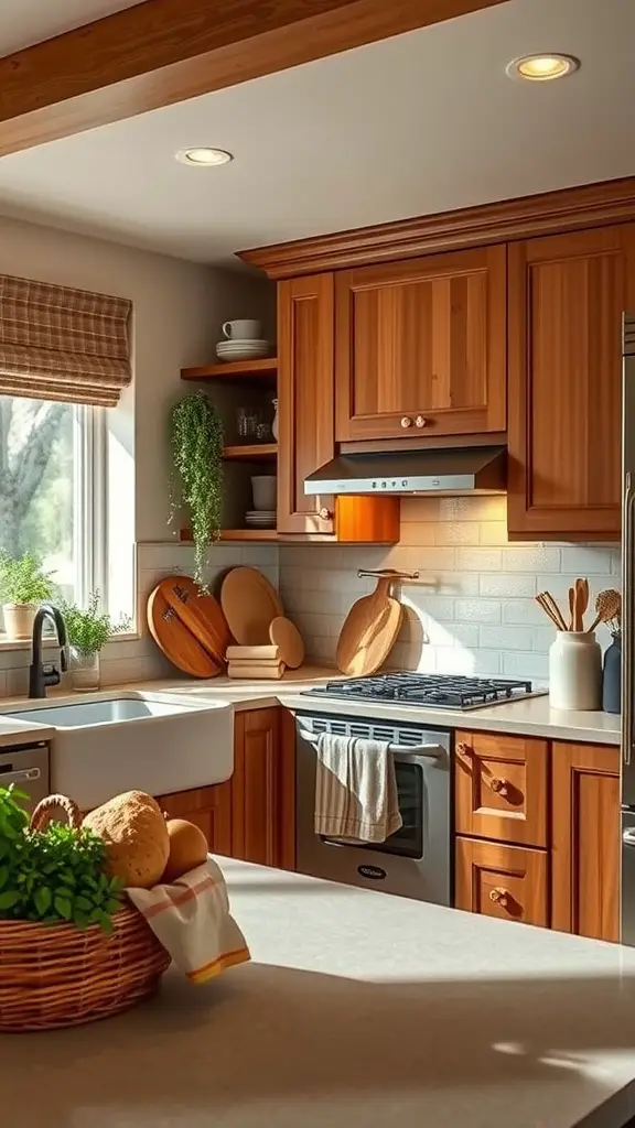 A cozy kitchen featuring warm wooden cabinets, natural lighting, and decorative elements like herbs and bread.