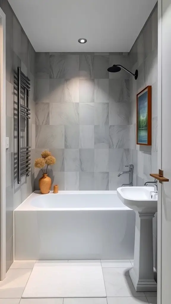 23 Stunning Small Bathroom Interior Ideas for a Stylish Makeover 9 A modern compact bathtub in a small bathroom with light gray tiles and minimal decor.