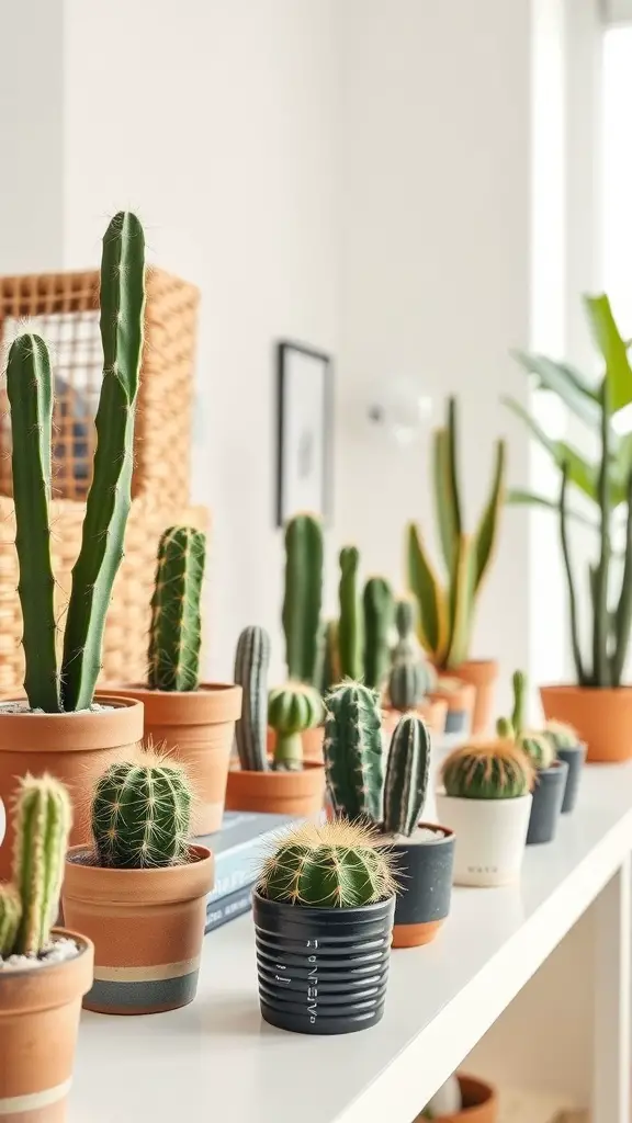 23 Stylish Living Room Plant Ideas to Elevate Your Space 11 A collection of various cacti in different pots displayed on a shelf.
