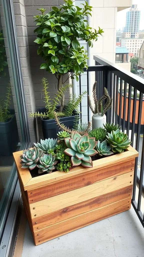 17 Creative Cedar Planter Box Ideas for Your Garden 6 Compact cedar planter box filled with succulents on a balcony