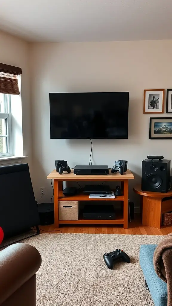 21 Creative Dorm Living Room Ideas to Maximize Space 6 Compact entertainment center with TV, gaming consoles, and speakers in a cozy living room