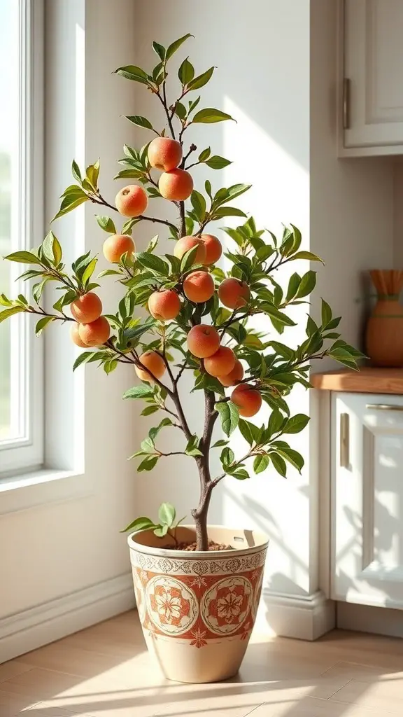 25 Must-Have Kitchen Plants for a Fresh and Green Home 11 A compact fruit tree with ripe oranges in a decorative pot, placed in a bright kitchen.