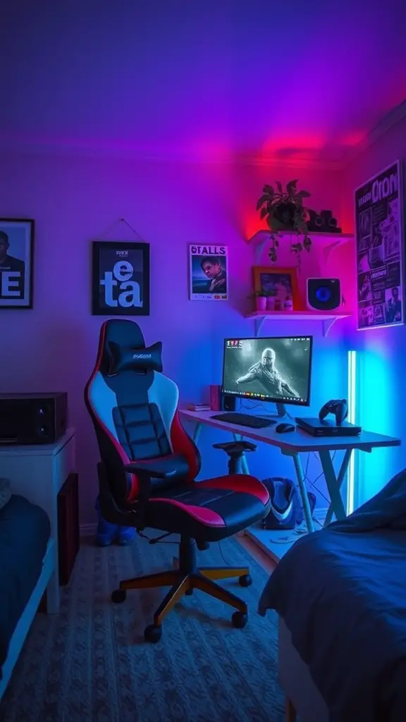 19 Stylish Dorm Room Ideas for Guys 2 Compact gaming station in a dorm room with LED lights, featuring a gaming chair, monitor, and decor.