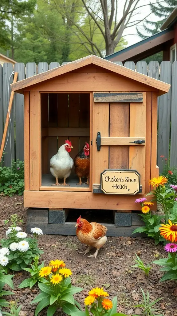 19 Creative Pallet Chicken Coop Ideas You’ll Love 8 A compact wooden chicken coop with chickens in front and flowers around it.