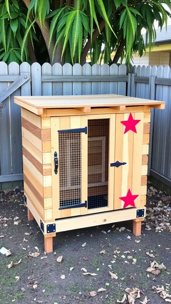21 Creative Pallet Chicken Coop Ideas You’ll Love 8 A compact pallet chicken coop designed for small yards, featuring wooden panels and mesh doors