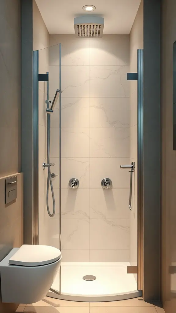 19 Stylish Small Main Bathroom Ideas to Maximize Space 6 A compact shower design in a small bathroom featuring glass walls and modern fixtures.