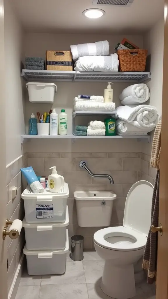 19 Creative Dorm Bathroom Ideas for a Stylish Space 7 A compact dorm bathroom with organized storage solutions including shelves and bins.