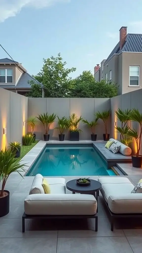 19 Creative Small Pool Design Ideas for Your Backyard 10 A compact urban pool design featuring a small pool surrounded by plants and modern seating.