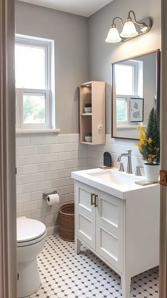 23 Creative College Bathroom Decor Ideas for a Stylish Space 14 A compact bathroom featuring a sleek white vanity with a mirror, shelves, and stylish decor.