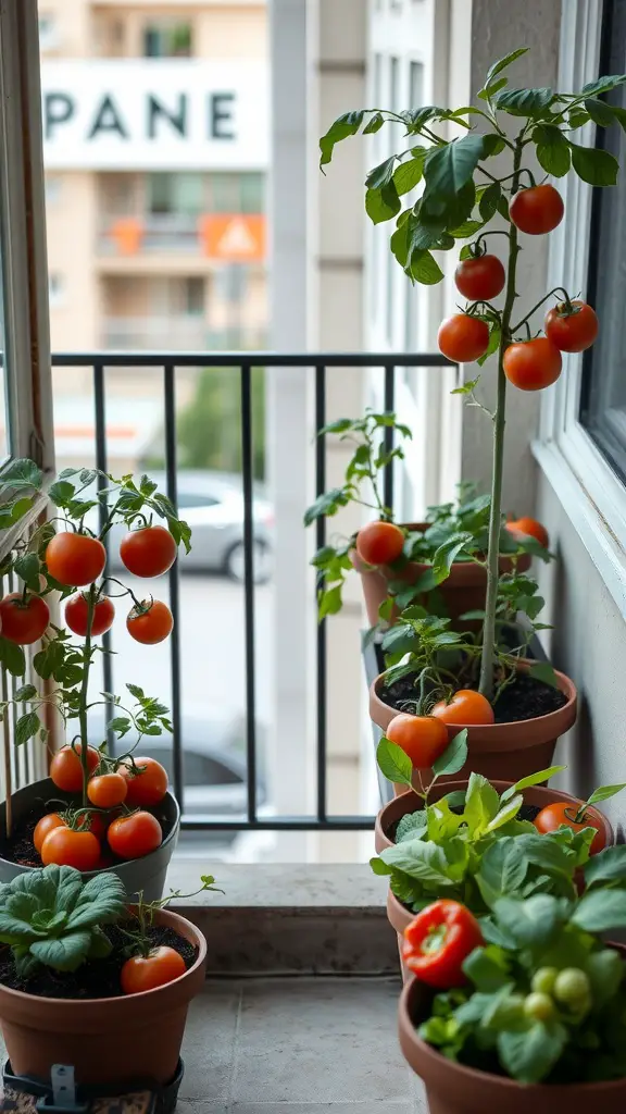 19 Creative Balcony Plant Ideas to Transform Your Space 6 A compact balcony garden featuring tomato plants and leafy greens in pots.
