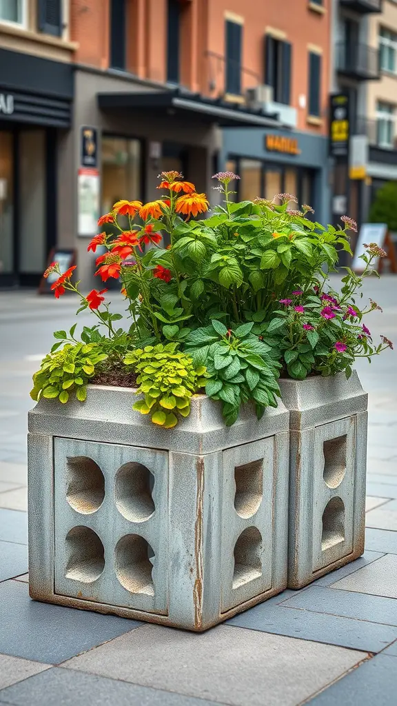 15 Creative Indoor Herb Planter Ideas for Your Home 13 A concrete block planter filled with colorful flowers and herbs.