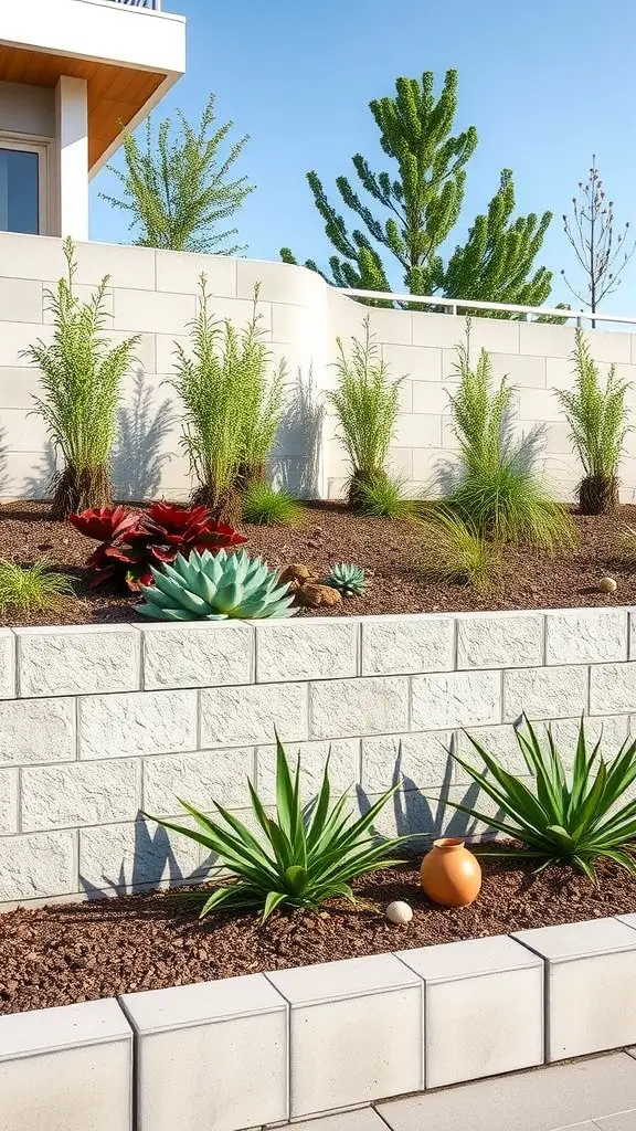27 Creative Small Retaining Wall Ideas for Your Garden 5 A modern concrete block retaining wall with lush green plants and succulents.