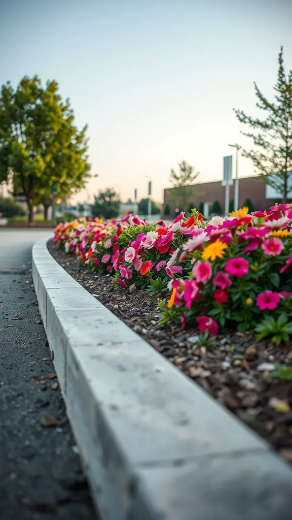 19 Creative Flower Bed Edging Ideas to Transform Your Garden 8 A flower bed bordered by a smooth concrete curb, featuring vibrant flowers.