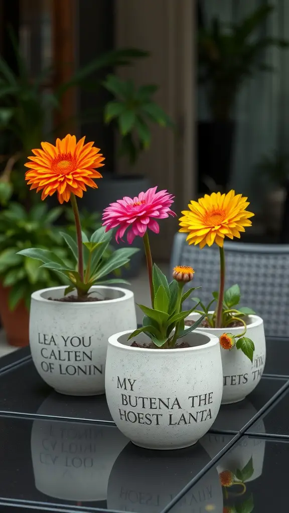 21 Creative Flower Pot Ideas to Brighten Your Space 7 Three concrete planters with colorful flowers on a table