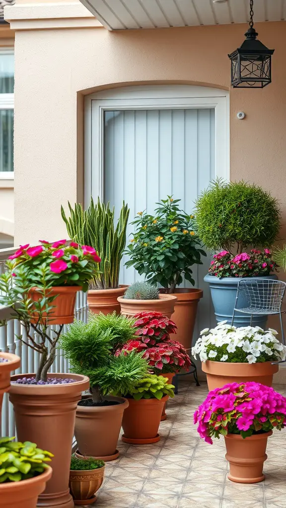 23 Stunning Shrubs for Beautiful Landscaping Ideas 11 A balcony garden filled with various potted shrubs and flowers, showcasing vibrant colors and greenery.