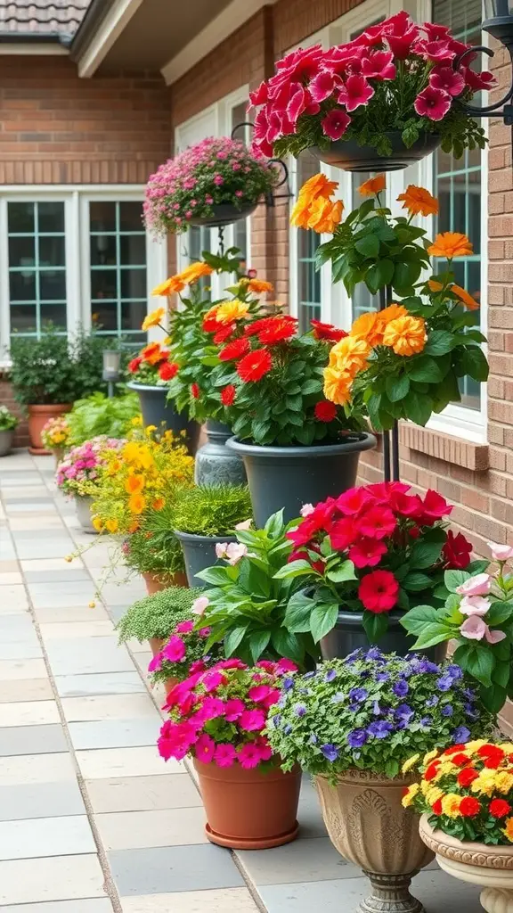 Colorful container flower beds lined along a patio with various flowering plants.