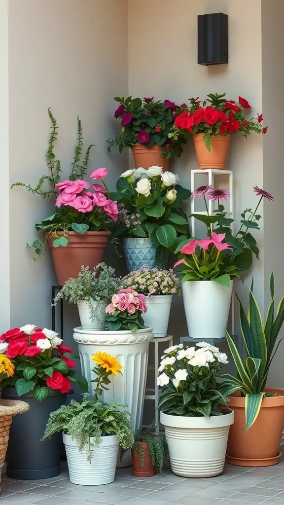 15 Beautiful Corner Flower Bed Ideas for Your Garden 17 Colorful container garden arrangement featuring various potted flowers in a corner.