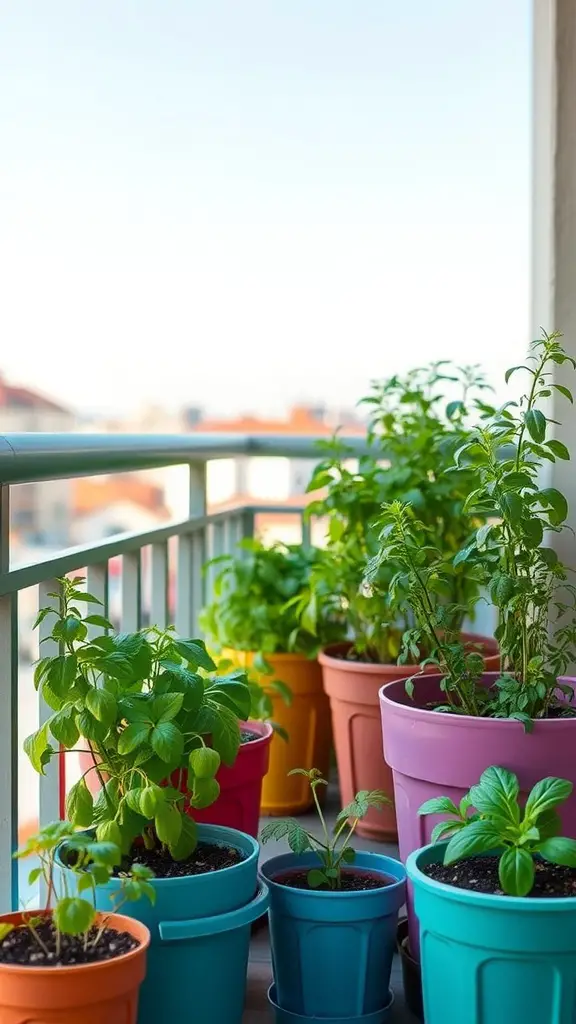 25 Creative Ideas for Beautiful Small Gardens 2 Colorful pots filled with various herbs on a balcony.