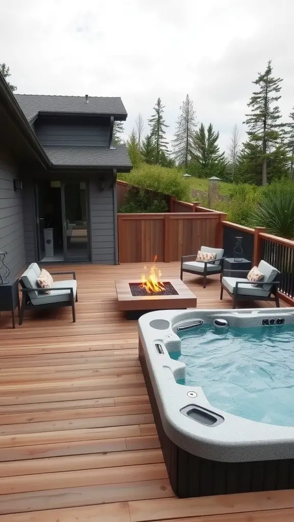 A contemporary deck featuring a hot tub and a fire pit, surrounded by comfortable seating.