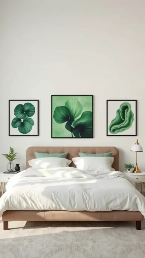 25 Stunning Green and White Bedroom Ideas for a Refreshing Retreat 11 A contemporary bedroom featuring green wall art, a beige headboard, white bedding, and decorative plants.