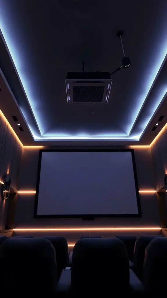 15 Stunning Ceiling Light Ideas to Brighten Your Home 11 A cozy movie theater featuring LED strip lighting along the ceiling, creating a warm glow.