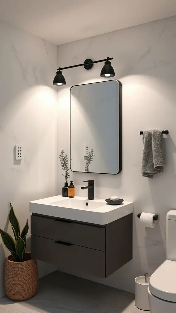15 Stunning Bathroom Vanity Light Ideas for Every Style 12 Modern bathroom with matte black vanity light, mirror, and plant.