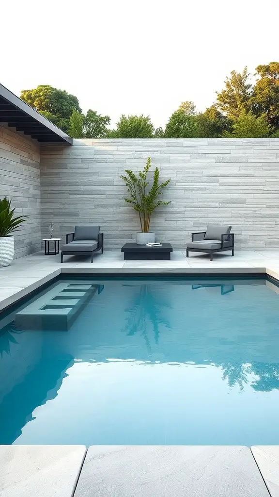 21 Creative Pool Patio Ideas to Elevate Your Outdoor Space 9 A contemporary stone pool deck featuring a clear pool and minimalist seating area with potted plants.