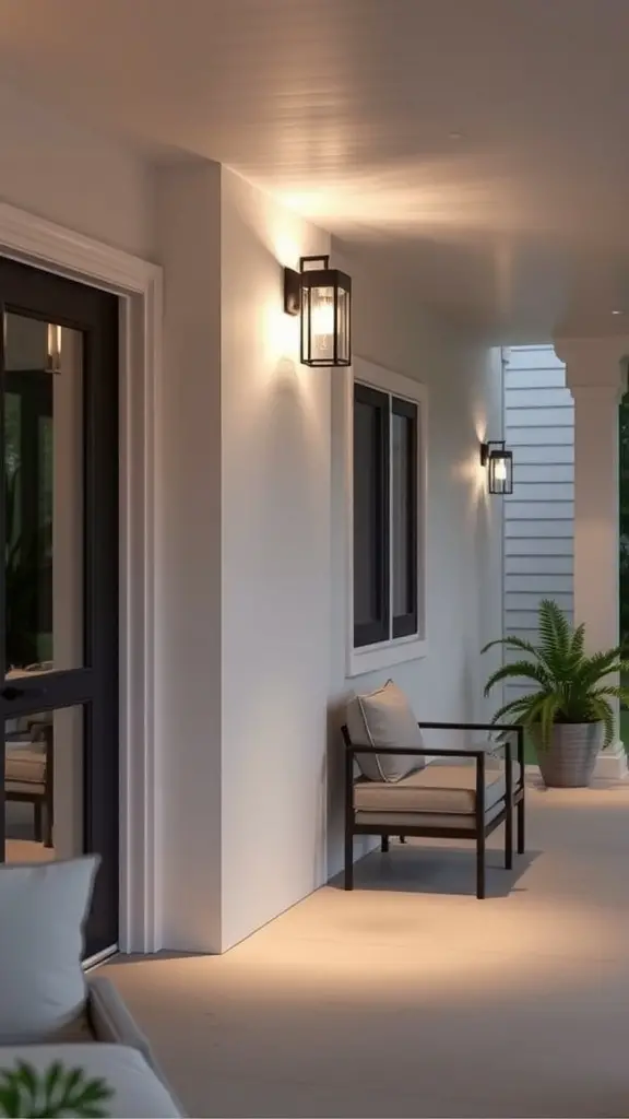 21 Creative Porch Light Ideas to Beautify Your Entryway 6 A modern porch featuring contemporary wall sconces with clean lines, illuminating the space.