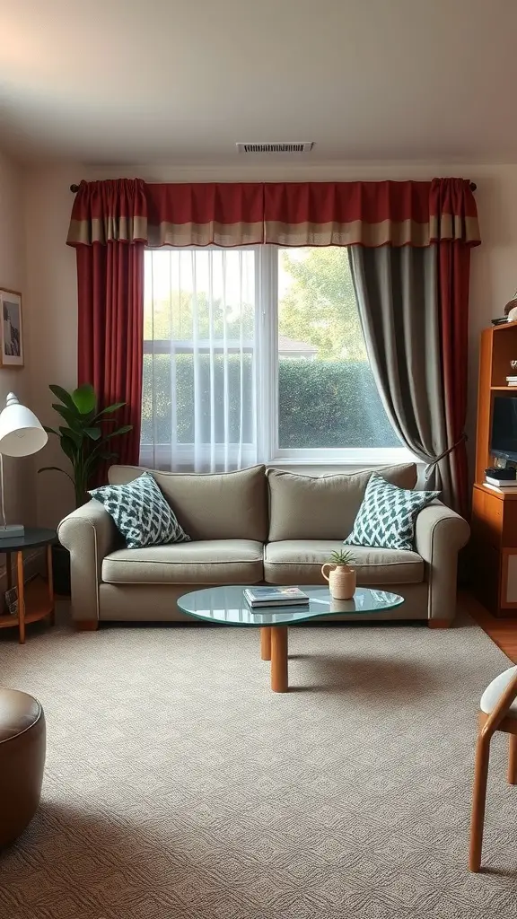 21 Creative Dorm Living Room Ideas to Maximize Space 12 A cozy dorm living room with coordinated color themes featuring a grey sofa, patterned cushions, and warm-toned curtains.