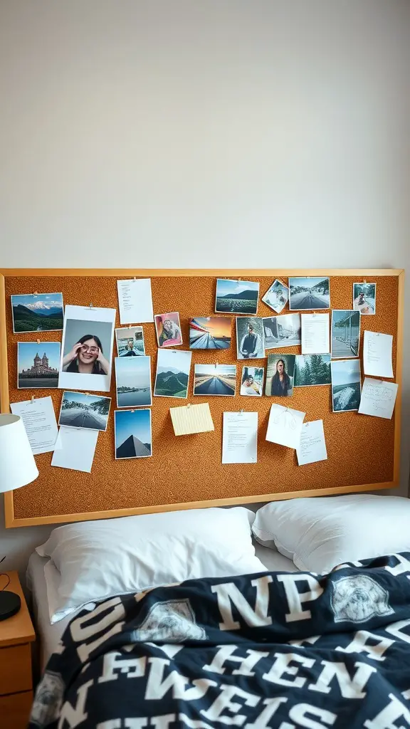 17 Creative Dorm Headboard Ideas to Transform Your Space 17 A cork board headboard filled with photos and notes in a dorm room.