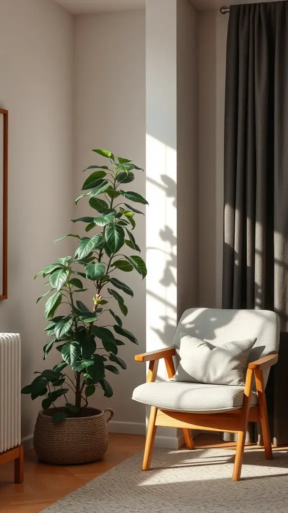 21 Stunning Room Plants Ideas to Transform Your Space 8 A cozy corner with a green plant next to a comfortable chair and warm sunlight casting shadows