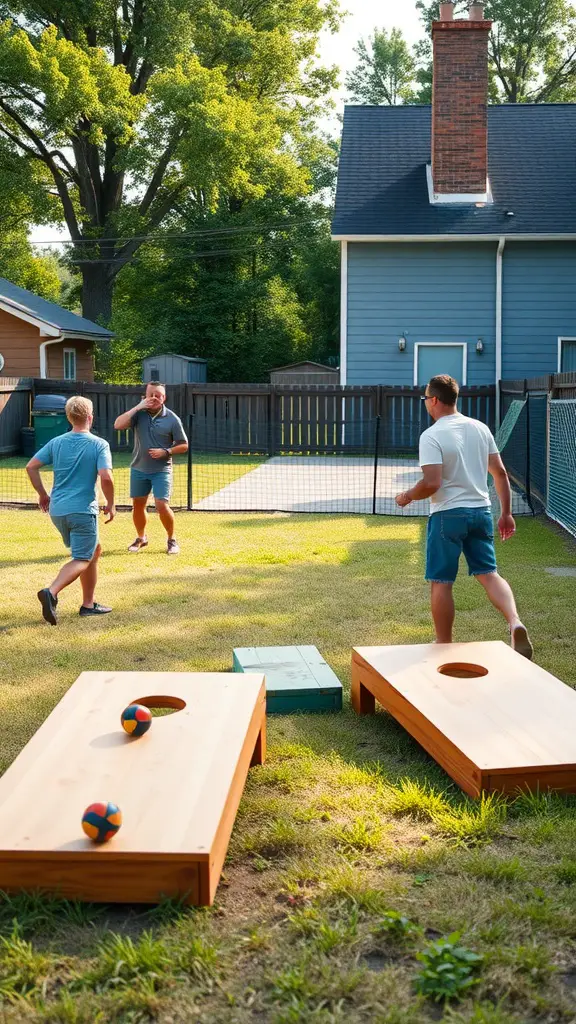 23 Fun Outdoor Party Games for Unforgettable Gatherings 12 A group of people playing cornhole outdoors on a sunny day, with two cornhole boards visible in the foreground.