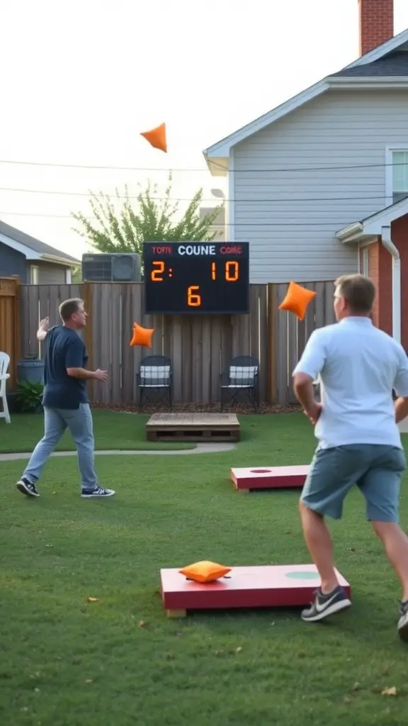 25 Exciting Outdoor Games for Fun-filled Adventures 11 Two players participating in a cornhole tournament, with a scoreboard visible in the background.