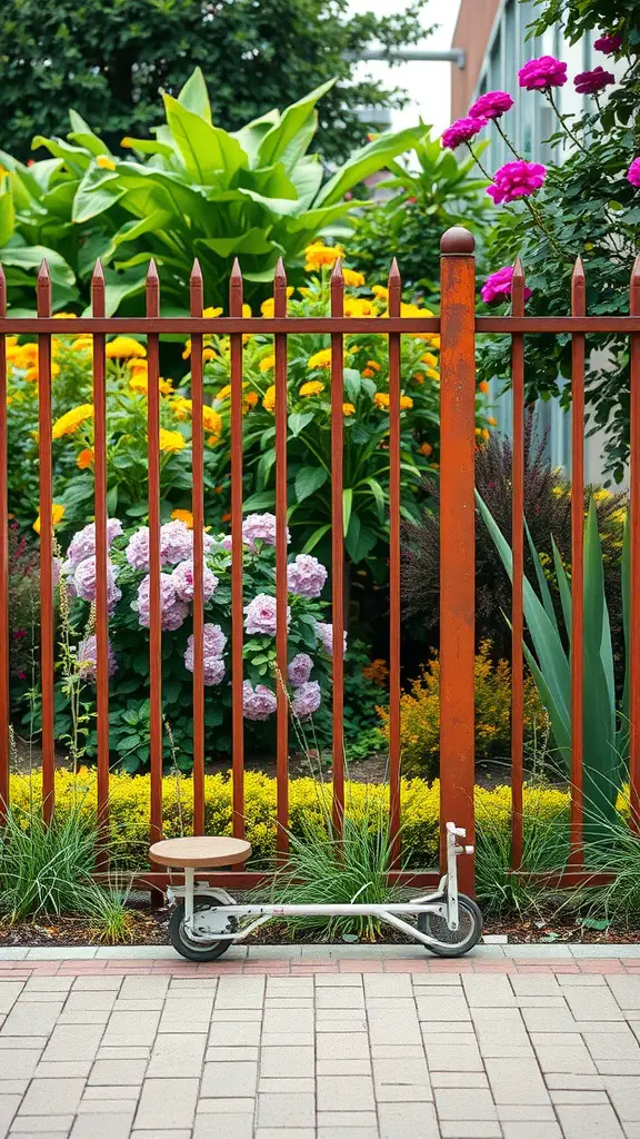 21 Creative Garden Fence Ideas to Transform Your Outdoor Space 15 A vibrant garden with a corten steel fence, colorful flowers, and a scooter.