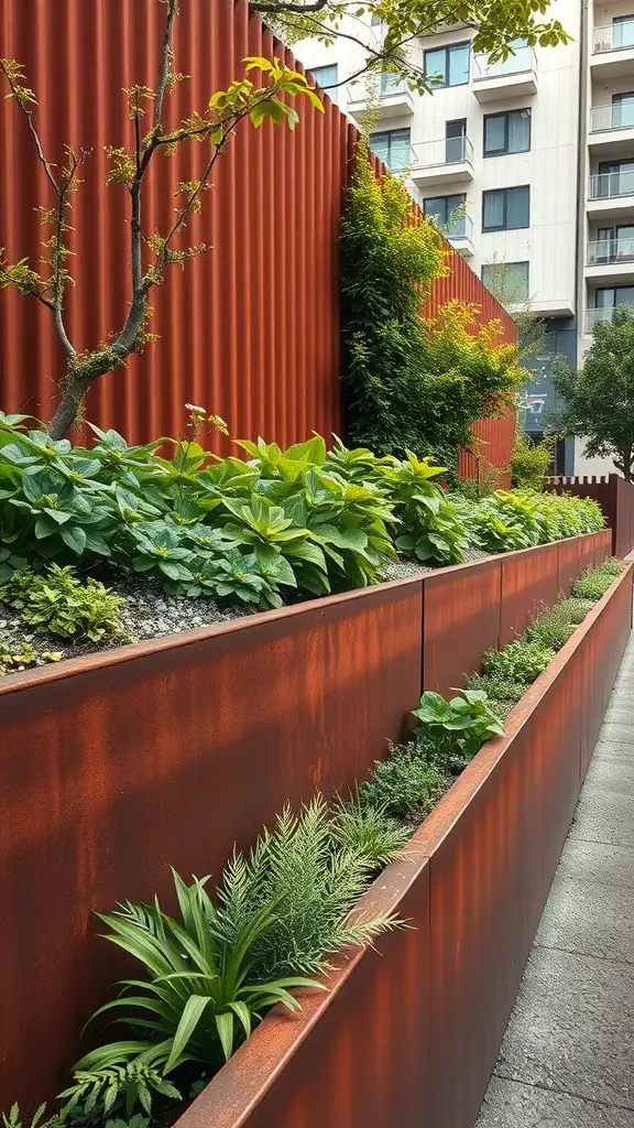 21 Creative Retaining Wall Ideas to Transform Your Landscape 8 A garden featuring Corten steel retaining walls with lush greenery.
