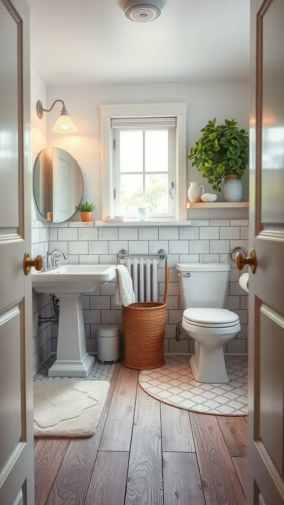 25 Charming Cottage Style Bathroom Ideas to Inspire Your Next Renovation 17 Cozy cottage-style bathroom with wooden flooring, a round mirror, and indoor plants