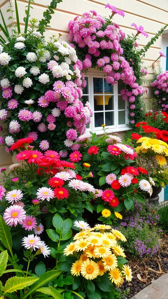 A colorful cottage-style flower bed with pink, white, and yellow flowers surrounding a window.