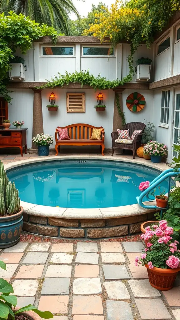 13 Creative Stock Tank Pool Ideas for Your Backyard 13 Cozy stock tank pool surrounded by flowers and greenery, featuring a rustic seating area.