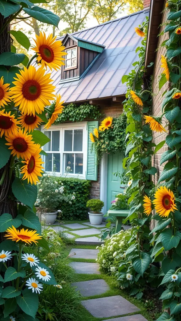 19 Stunning Flower Bed Ideas for Full Sun Gardens 8 A picturesque cottage garden with vibrant sunflowers lining a stone pathway leading to a cozy home.
