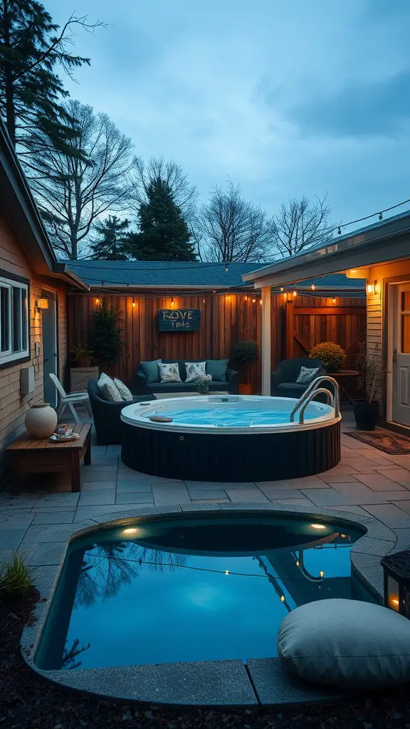 13 Creative Stock Tank Pool Ideas for Your Backyard 6 A cozy backyard retreat featuring a stock tank pool and comfortable seating.
