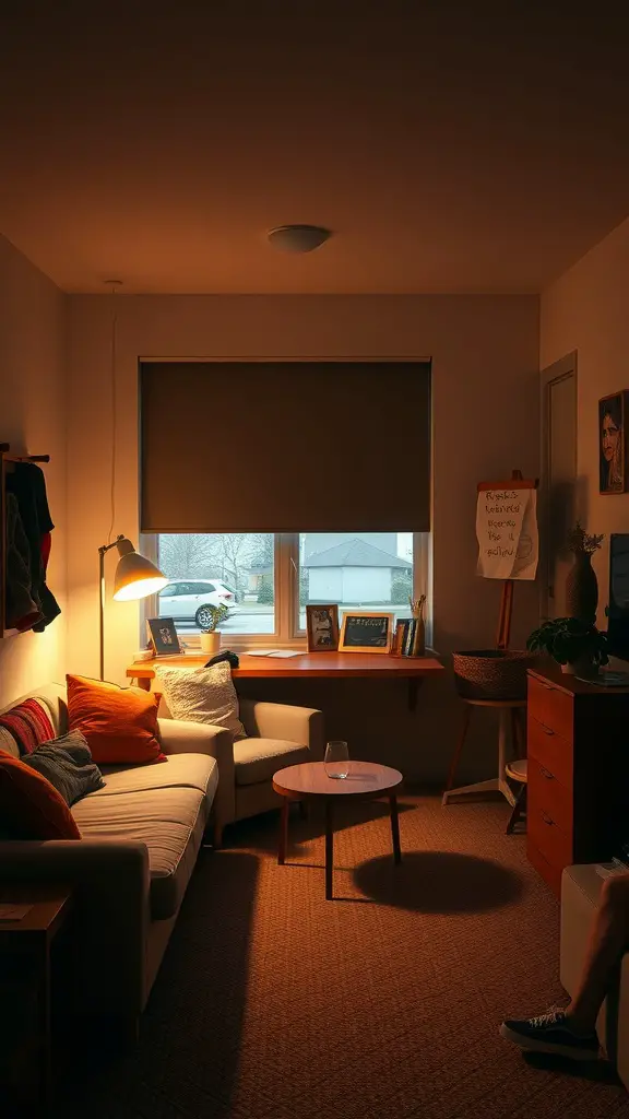 23 Creative Triple Dorm Room Ideas to Maximize Space and Style 7 Cozy triple dorm room with a couch, coffee table, and a desk near a window, creating a warm atmosphere.