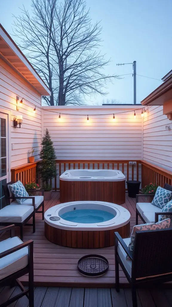 A cozy deck featuring a hot tub, comfortable seating, and decorative lights.