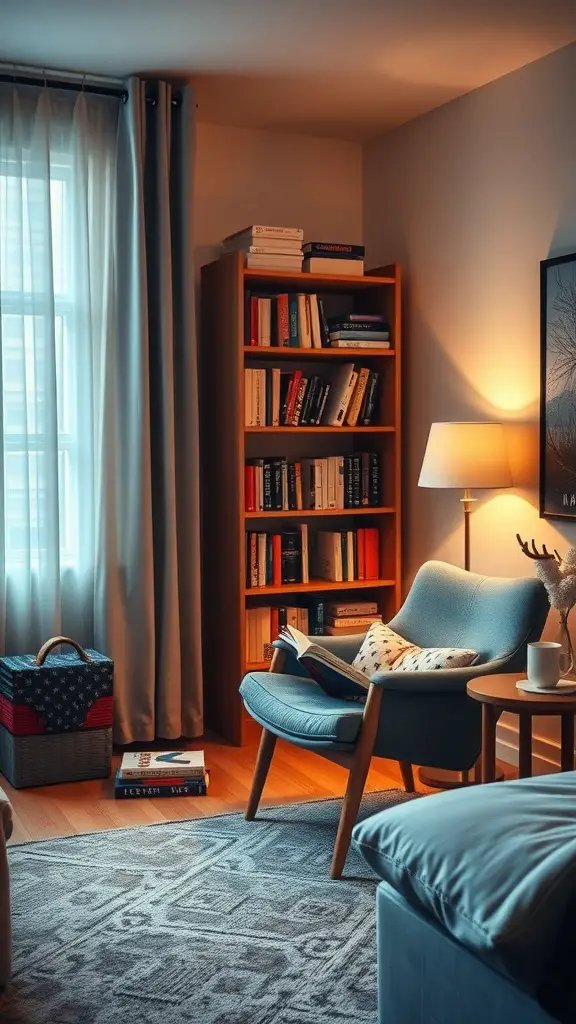 21 Creative Dorm Living Room Ideas to Maximize Space 5 A cozy reading nook with a chair, bookshelf, and warm lighting.