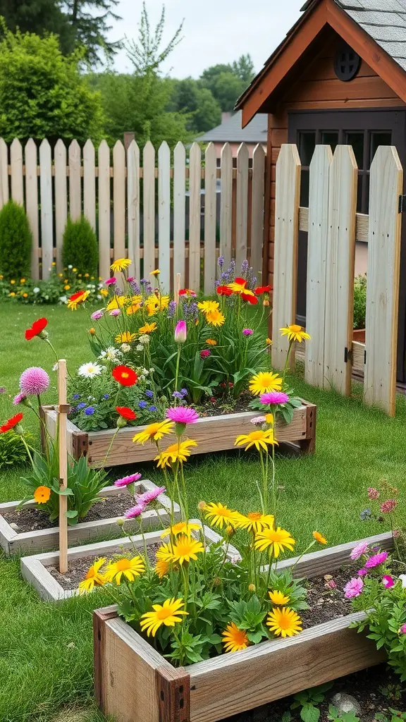 17 Creative Raised Flower Bed Ideas for Your Fence Garden 13 Cozy cottage-style garden with raised flower beds full of colorful flowers near a picket fence.