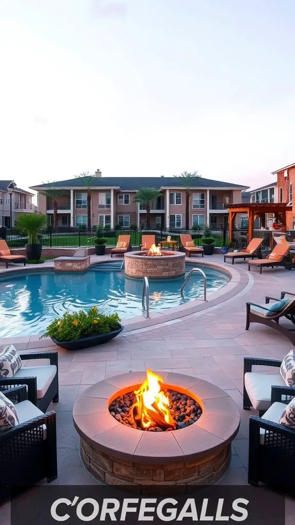 13 Dreamy Lazy River Pool Ideas for Your Backyard Transformation 10 An inviting fire pit area near a lazy river pool, featuring comfortable seating and vibrant plants.
